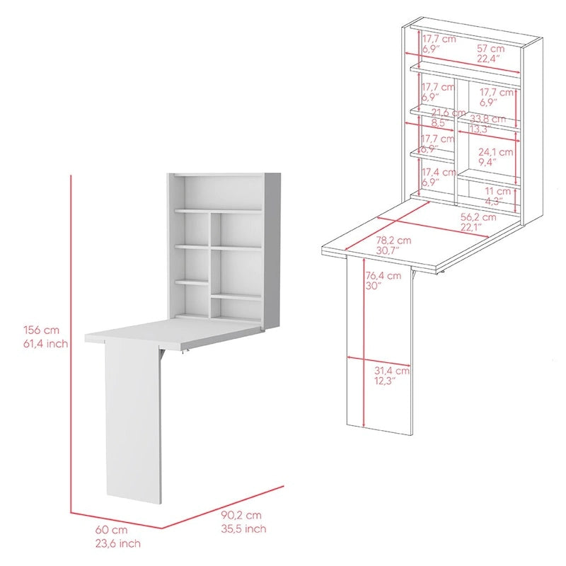 Mesa plegable gris/blanca de pared con 7 estantes – 1 persona