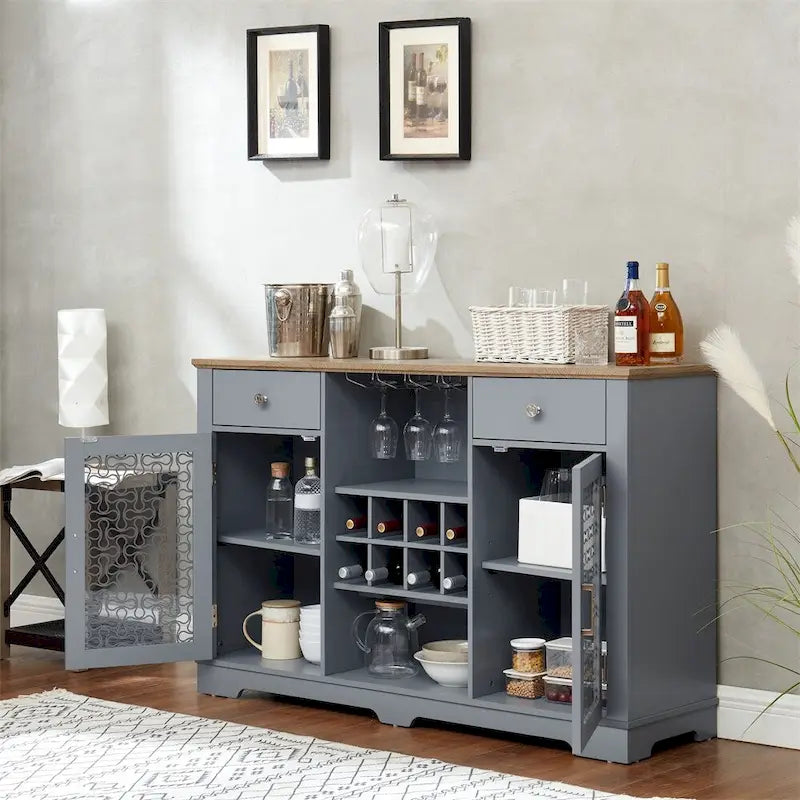 Mueble Aparador Azul Claro y Roble con Puertas de Cristal, 2 Cajones, para 1