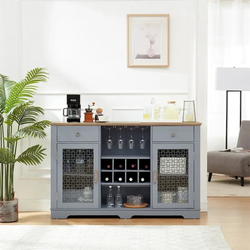Mueble Aparador Azul Claro y Roble con Puertas de Cristal, 2 Cajones, para 1
