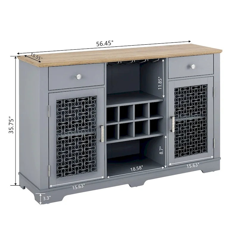 Mueble Aparador Azul Claro y Roble con Puertas de Cristal, 2 Cajones, para 1
