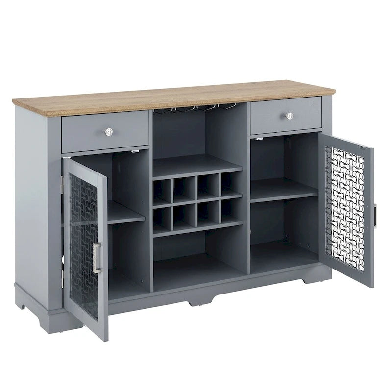 Mueble Aparador Azul Claro y Roble con Puertas de Cristal, 2 Cajones, para 1