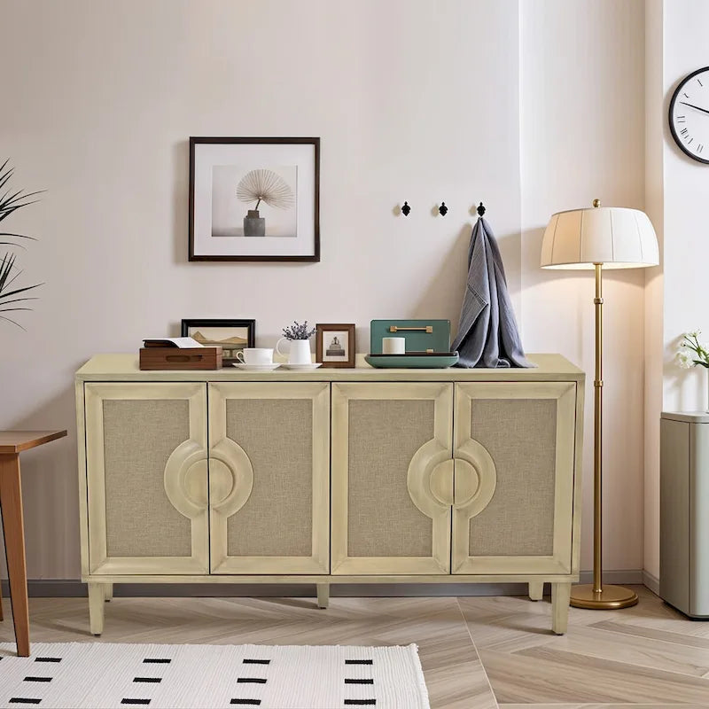 Aparador vintage de 4 puertas color beige, montaje para 1 persona