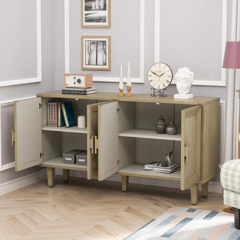 Aparador vintage de 4 puertas color beige, montaje para 1 persona