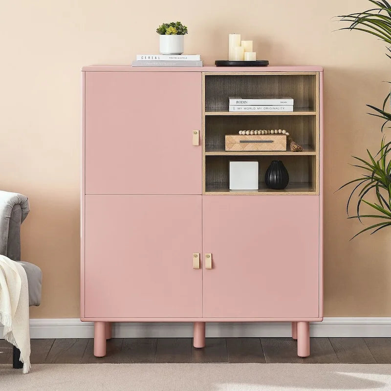 Armario de almacenamiento de 3 puertas con tirador de cuero – Azul / Rosa / Blanco, para 1 persona