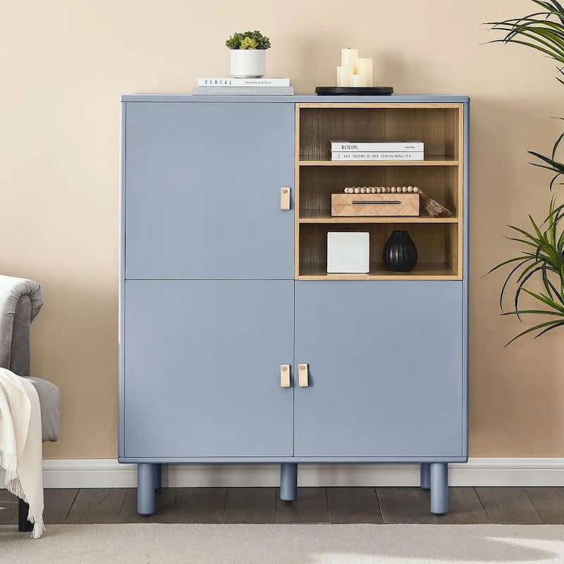 Armario de almacenamiento de 3 puertas con tirador de cuero – Azul / Rosa / Blanco, para 1 persona