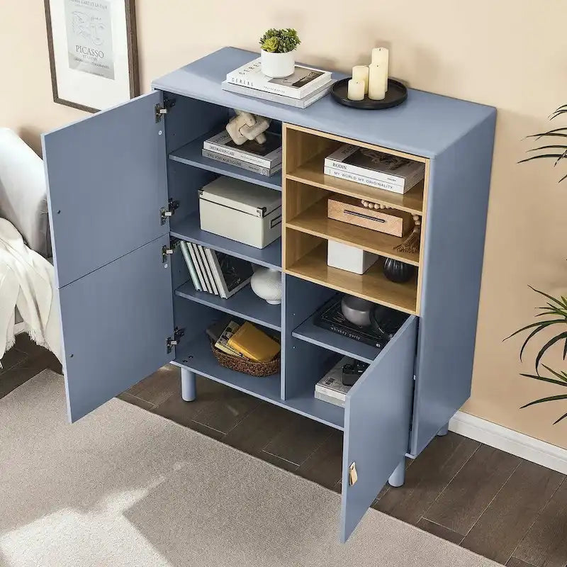 Armario de almacenamiento de 3 puertas con tirador de cuero – Azul / Rosa / Blanco, para 1 persona