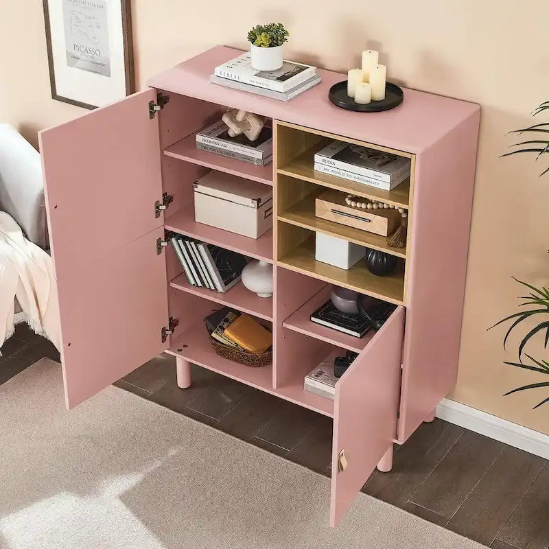 Armario de almacenamiento de 3 puertas con tirador de cuero – Azul / Rosa / Blanco, para 1 persona