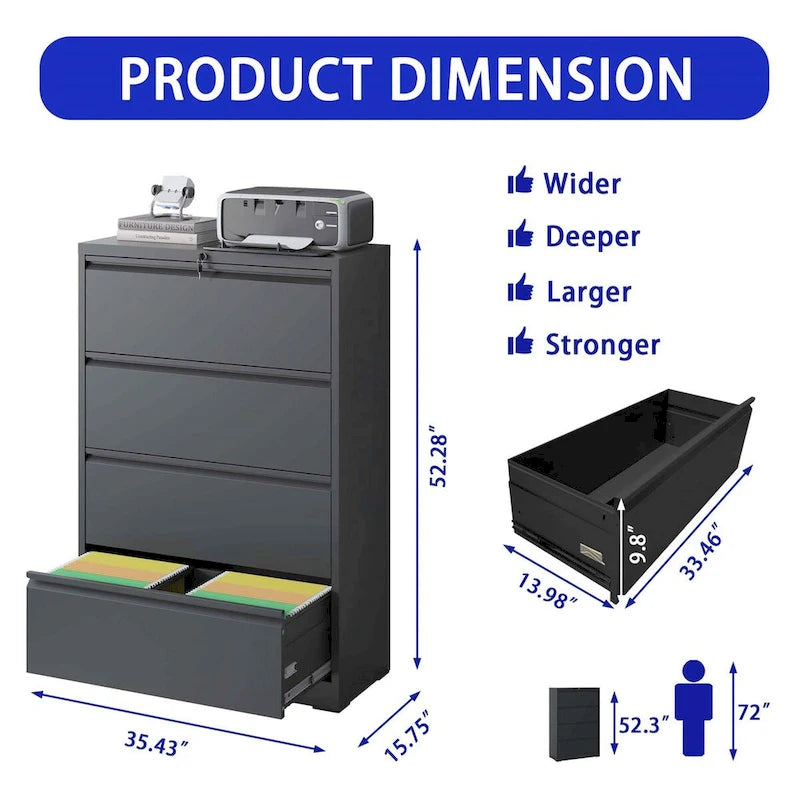 Archivador lateral de acero de 4 cajones (negro/blanco) – Oficina para 2 personas