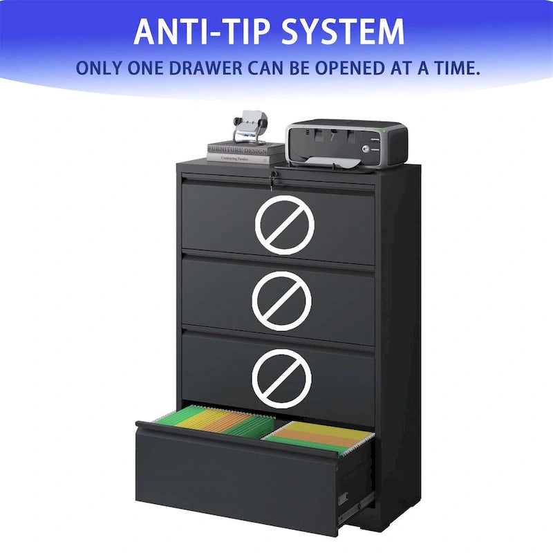 Archivador lateral de acero de 4 cajones (negro/blanco) – Oficina para 2 personas