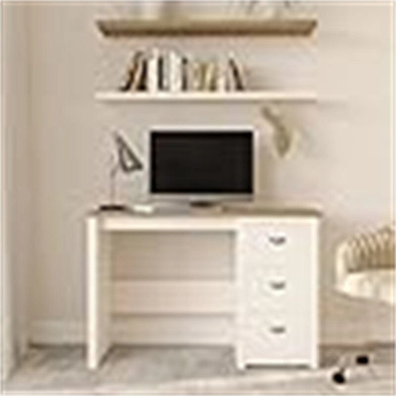 Escritorio blanco y madera con 3 cajones, 1 persona