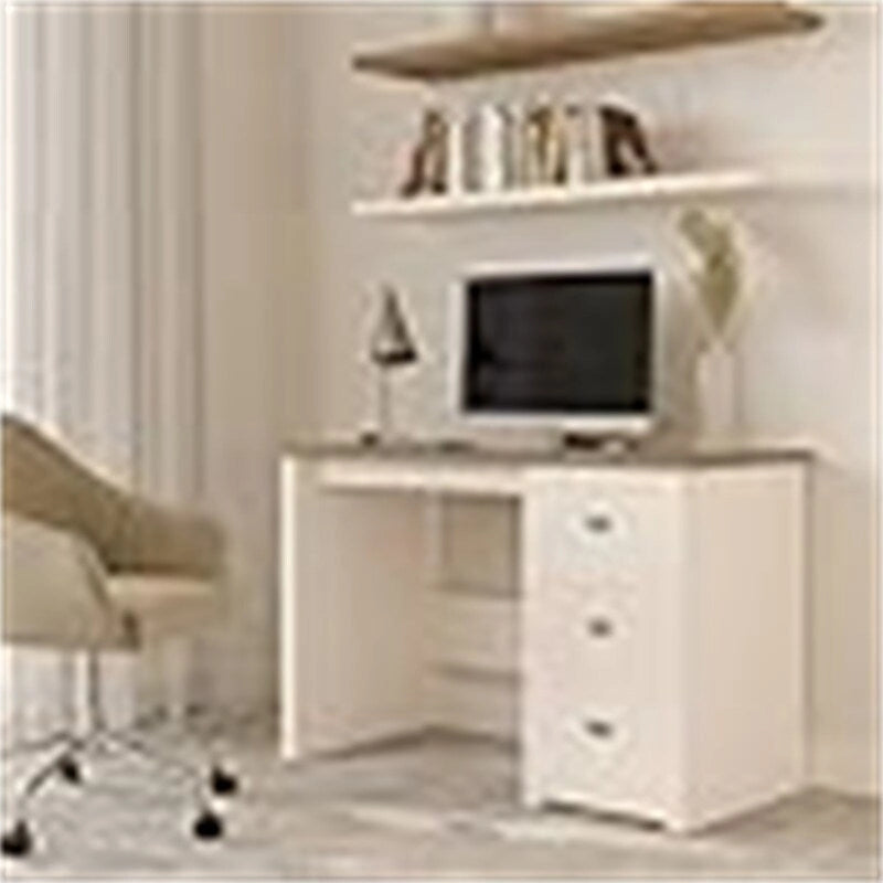Escritorio blanco y madera con 3 cajones, 1 persona