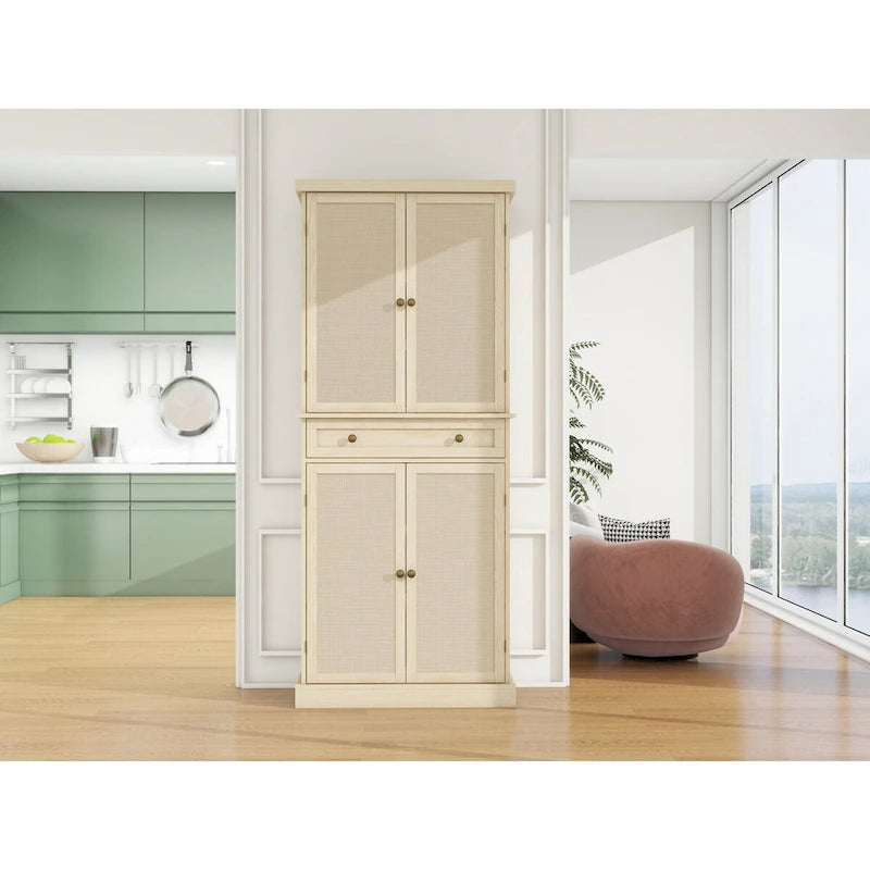 Armario de almacenamiento de 4 puertas con cajón – Nogal / Marfil, 4 estantes ajustables