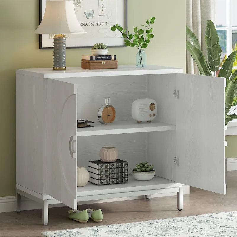 Aparador / Búfet de veta de madera blanco/azul marino con patas de metal - 2 puertas