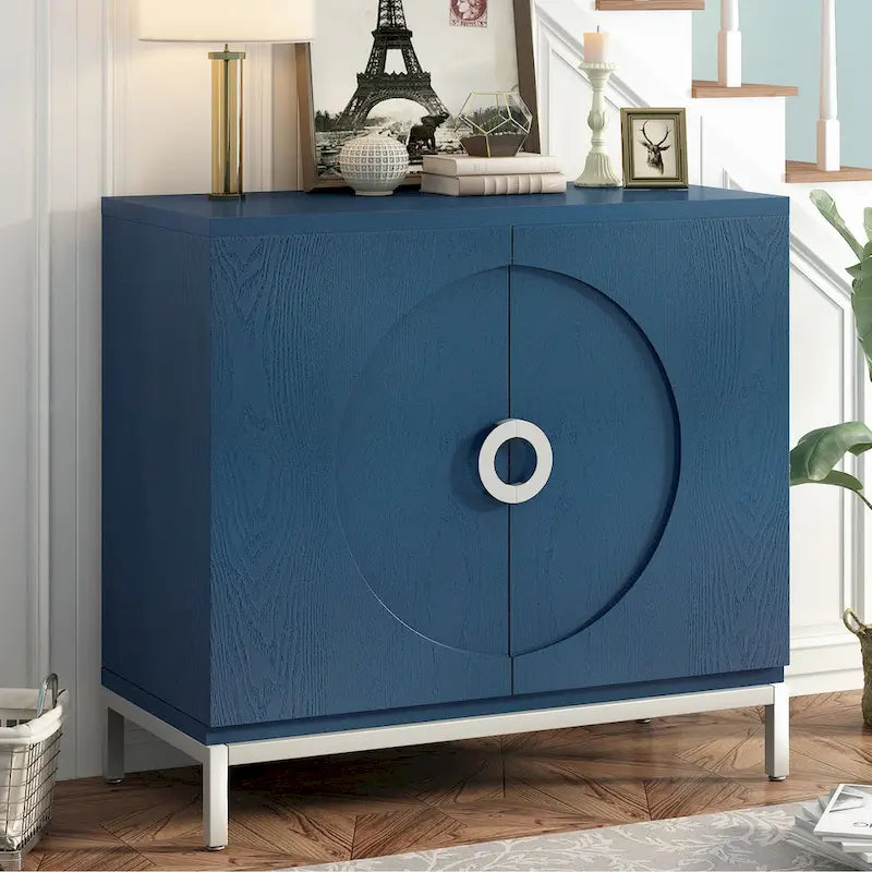 Aparador / Búfet de veta de madera blanco/azul marino con patas de metal - 2 puertas