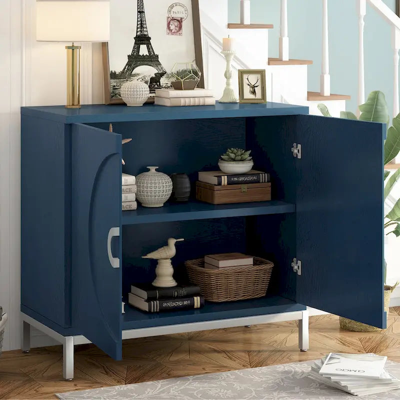 Aparador / Búfet de veta de madera blanco/azul marino con patas de metal - 2 puertas