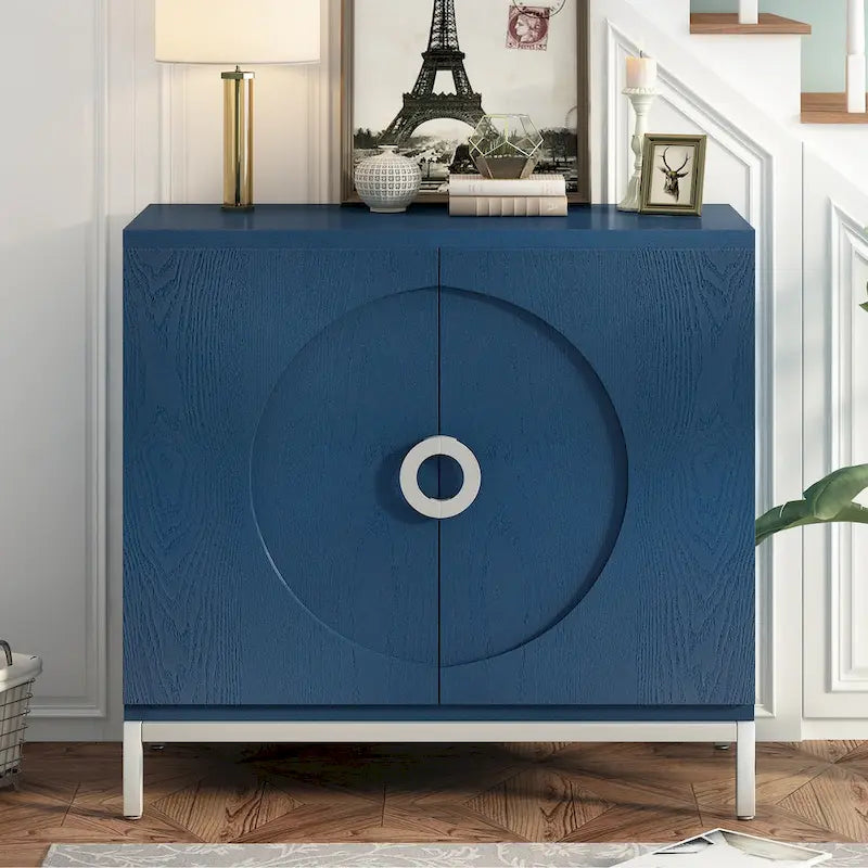 Aparador / Búfet de veta de madera blanco/azul marino con patas de metal - 2 puertas