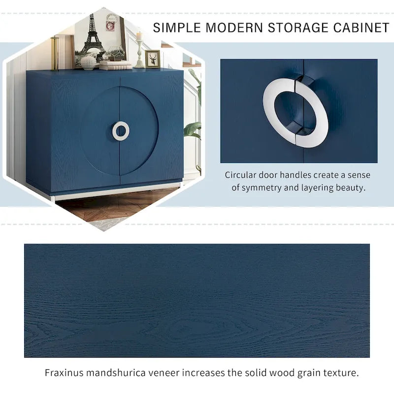 Aparador / Búfet de veta de madera blanco/azul marino con patas de metal - 2 puertas