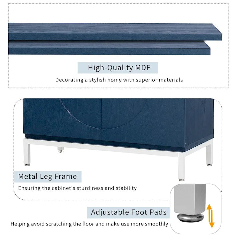 Aparador / Búfet de veta de madera blanco/azul marino con patas de metal - 2 puertas