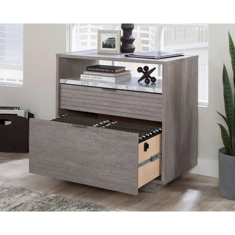 Archivador lateral de 2 cajones con estante abierto, tamaño carta/oficio, para 1 persona, modelo Chalk Oak