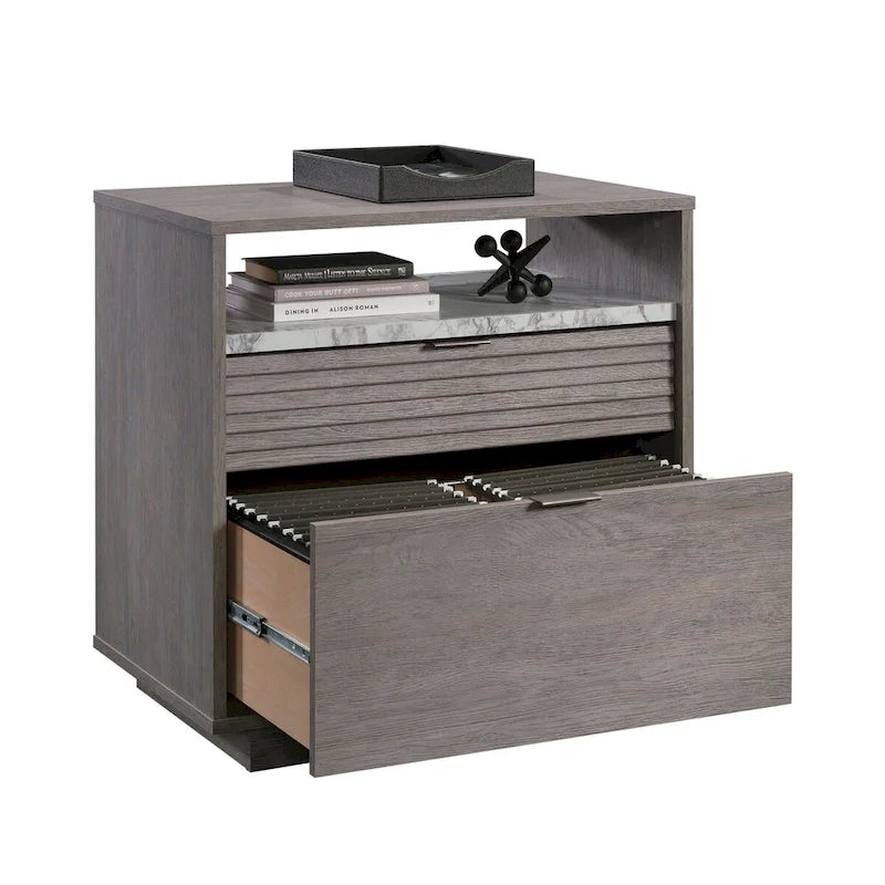Archivador lateral de 2 cajones con estante abierto, tamaño carta/oficio, para 1 persona, modelo Chalk Oak