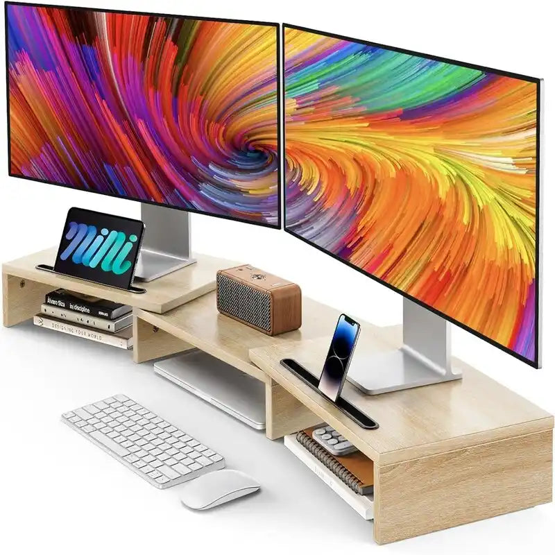 Soporte Elevador para Monitor Doble – Madera Clara / Negro, 2 Pantallas