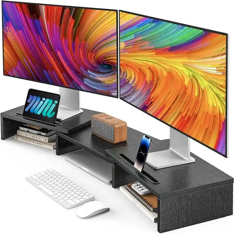 Soporte Elevador para Monitor Doble – Madera Clara / Negro, 2 Pantallas