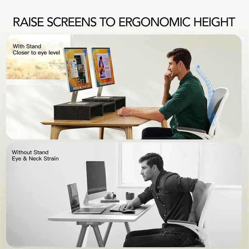 Soporte Elevador para Monitor Doble – Madera Clara / Negro, 2 Pantallas