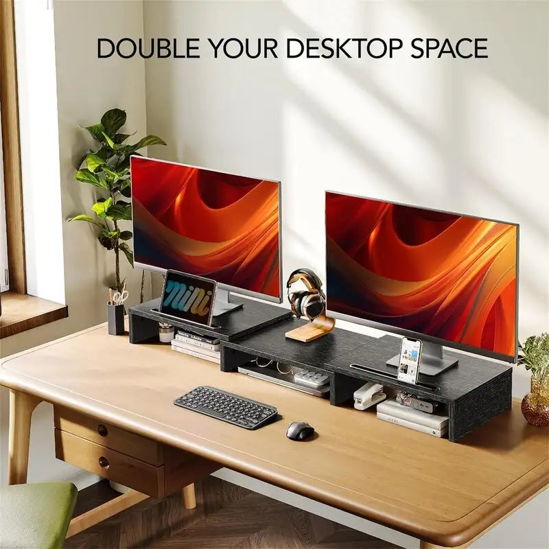 Soporte Elevador para Monitor Doble – Madera Clara / Negro, 2 Pantallas