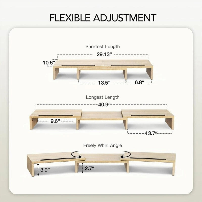 Soporte Elevador para Monitor Doble – Madera Clara / Negro, 2 Pantallas