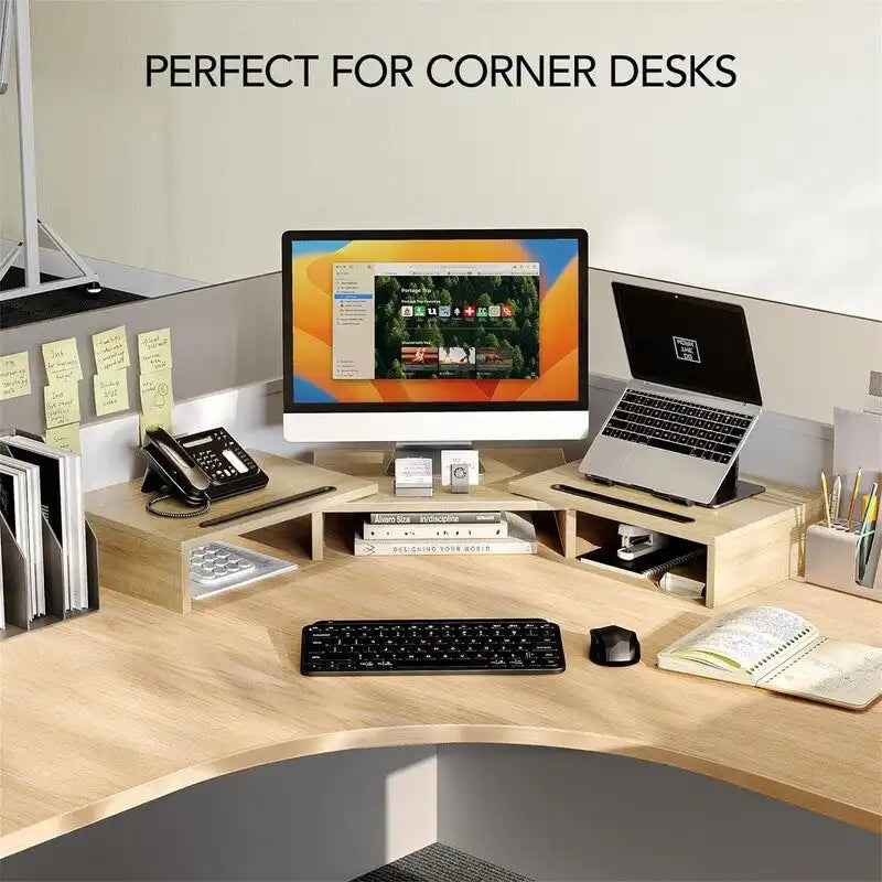 Soporte Elevador para Monitor Doble – Madera Clara / Negro, 2 Pantallas