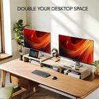 Soporte Elevador para Monitor Doble – Madera Clara / Negro, 2 Pantallas