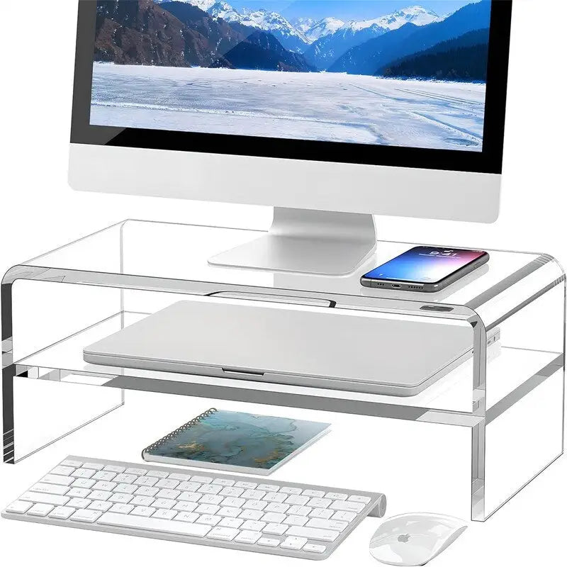 Elevador de soporte de monitor de acrílico transparente, almacenamiento de 2 niveles, un solo usuario