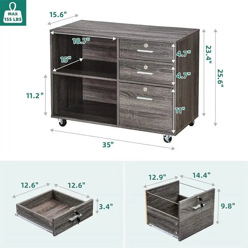 Archivador móvil de 3 cajones con acabado de madera gris, 1 persona