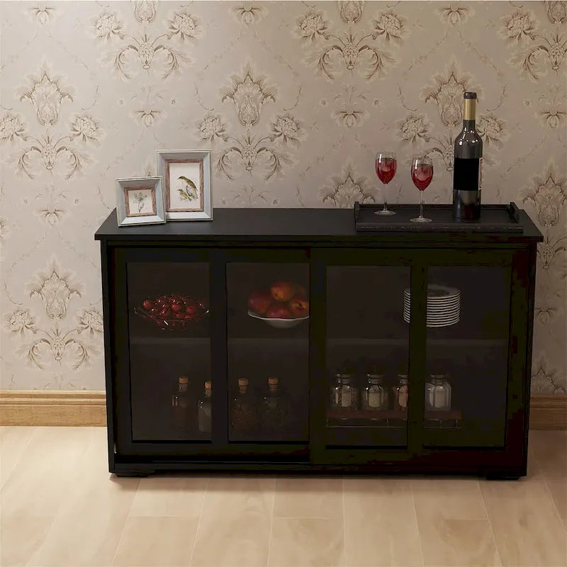 Aparador negro con puertas corredizas de vidrio, estante ajustable, capacidad para 1 o 2 personas