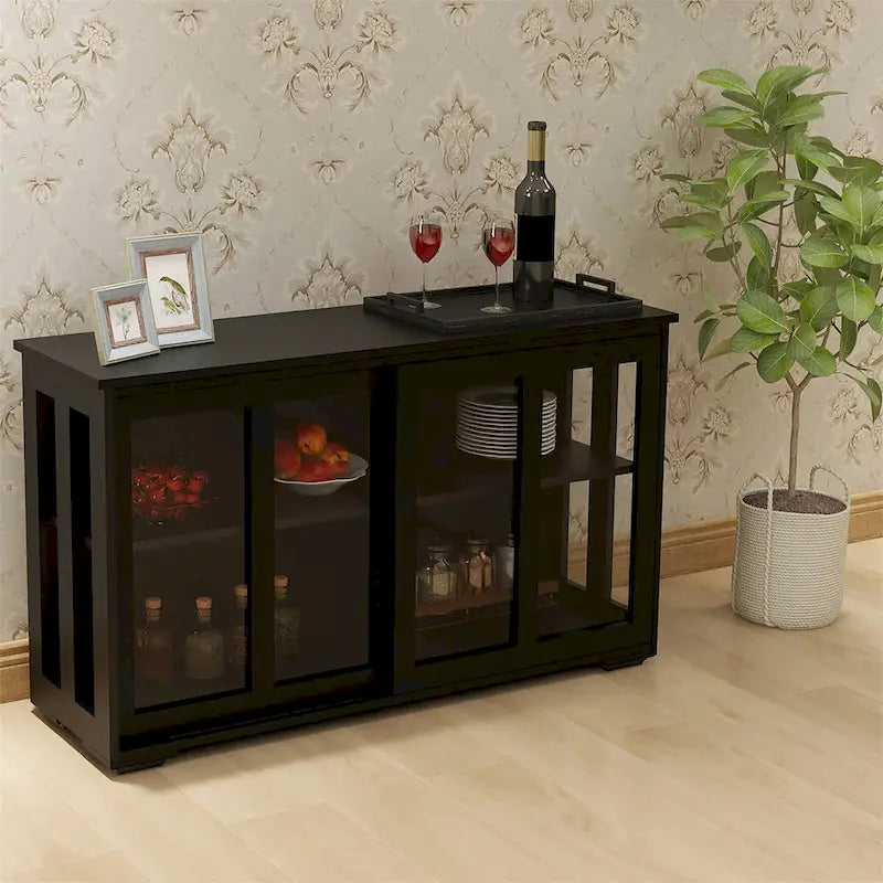 Aparador negro con puertas corredizas de vidrio, estante ajustable, capacidad para 1 o 2 personas