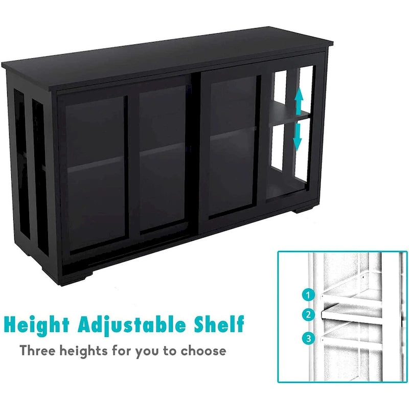 Aparador negro con puertas corredizas de vidrio, estante ajustable, capacidad para 1 o 2 personas