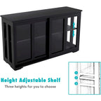 Aparador negro con puertas corredizas de vidrio, estante ajustable, capacidad para 1 o 2 personas