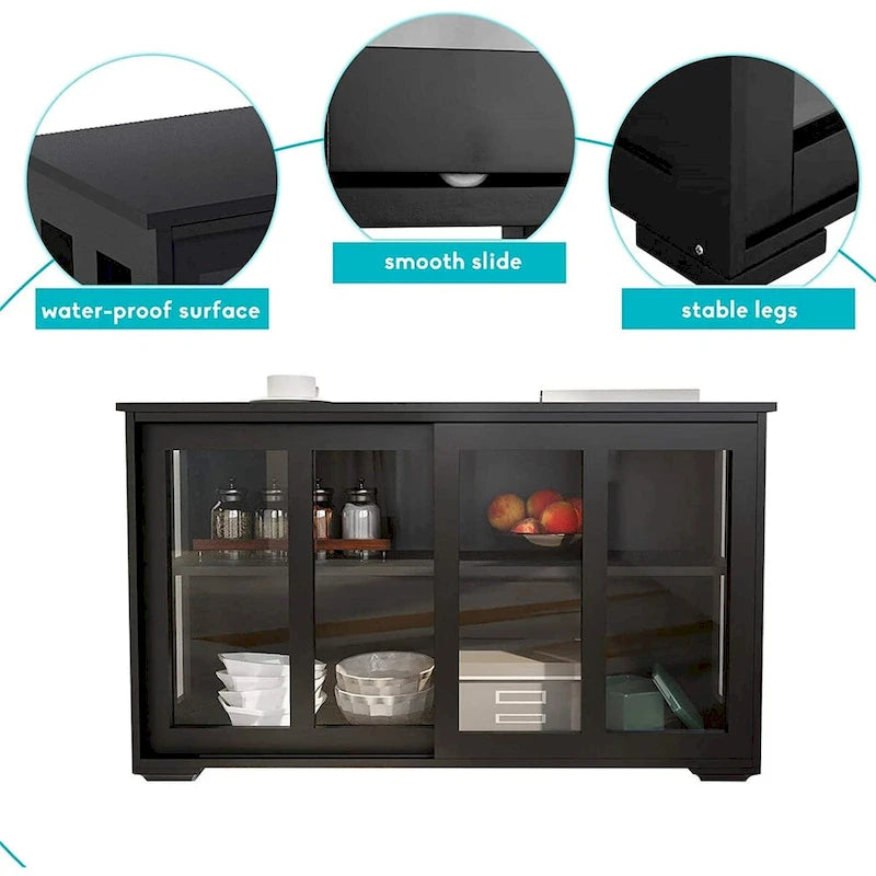 Aparador negro con puertas corredizas de vidrio, estante ajustable, capacidad para 1 o 2 personas
