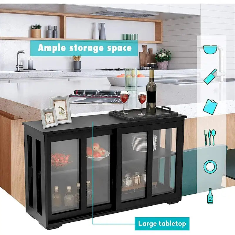Aparador negro con puertas corredizas de vidrio, estante ajustable, capacidad para 1 o 2 personas