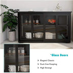 Aparador negro con puertas corredizas de vidrio, estante ajustable, capacidad para 1 o 2 personas