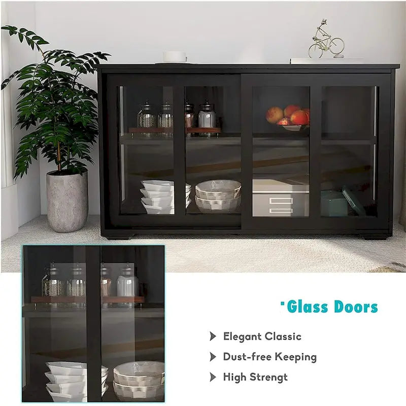 Aparador negro con puertas corredizas de vidrio, estante ajustable, capacidad para 1 o 2 personas