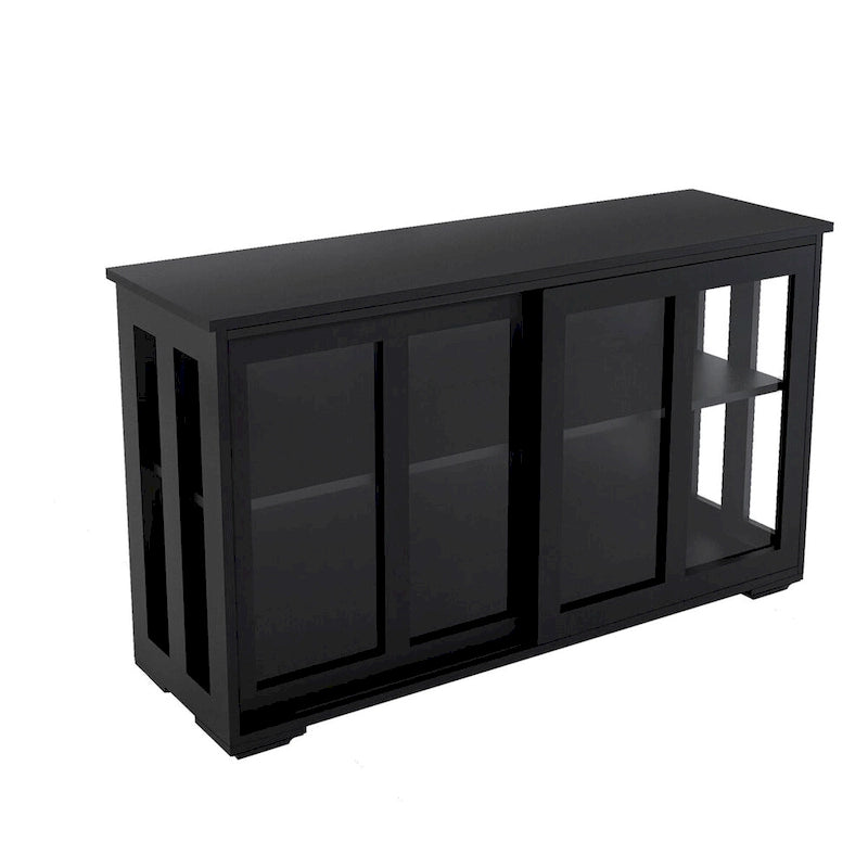 Aparador negro con puertas corredizas de vidrio, estante ajustable, capacidad para 1 o 2 personas