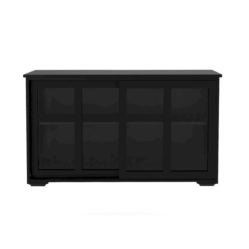 Aparador negro con puertas corredizas de vidrio, estante ajustable, capacidad para 1 o 2 personas