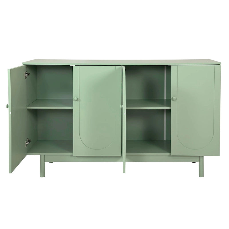 Armario de almacenamiento intagliado de 4 puertas verde menta/blanco con patas de pino, montaje para 1 persona