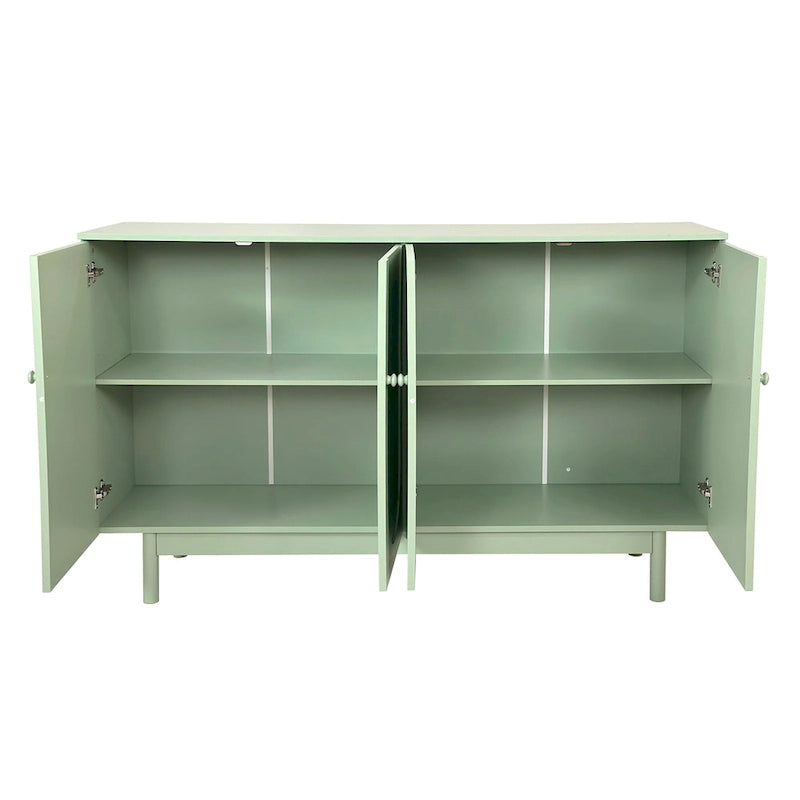 Armario de almacenamiento intagliado de 4 puertas verde menta/blanco con patas de pino, montaje para 1 persona