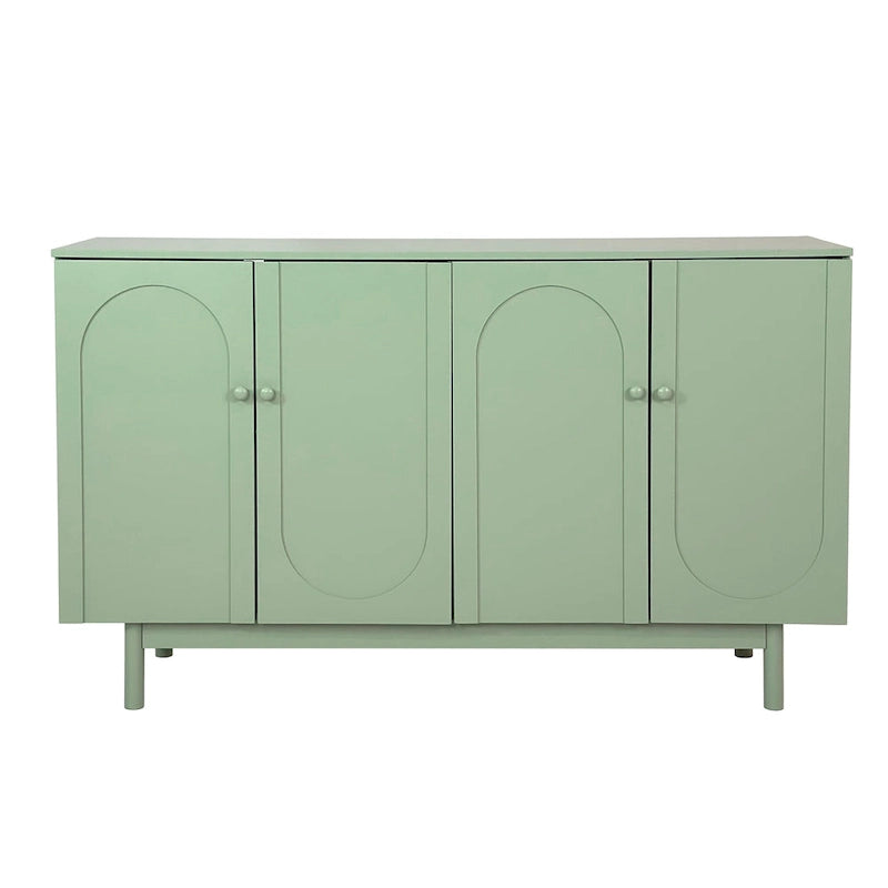 Armario de almacenamiento intagliado de 4 puertas verde menta/blanco con patas de pino, montaje para 1 persona