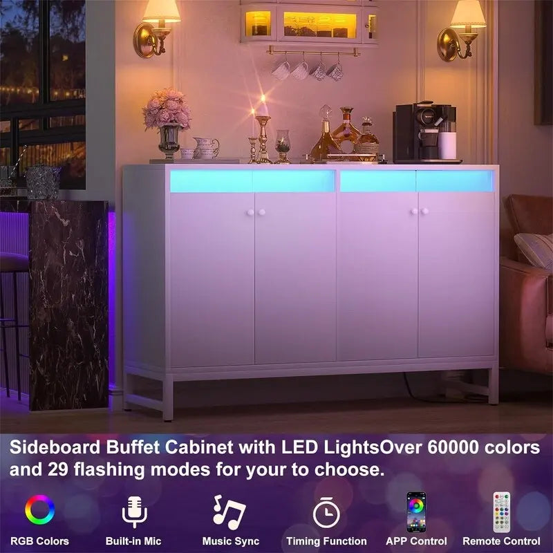 Aparador tipo buffet negro con toma de corriente, LED RGB, 4 puertas, 1 persona