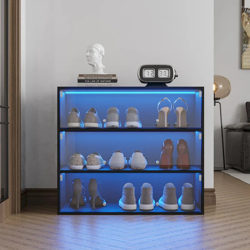 Mueble zapatero con puerta de cristal negro y luces LED RGB, apilable, 1 unidad