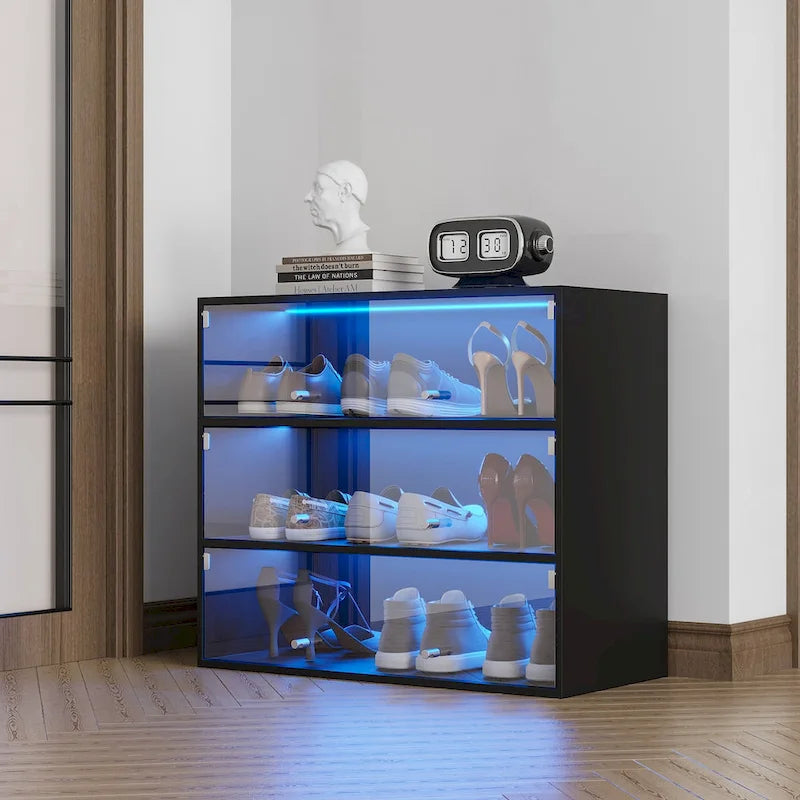 Mueble zapatero con puerta de cristal negro y luces LED RGB, apilable, 1 unidad