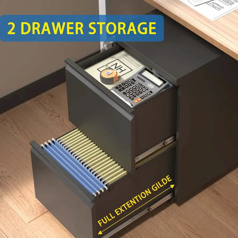 Archivador móvil de 2 cajones, negro/blanco, con cerradura, para 1-2 usuarios